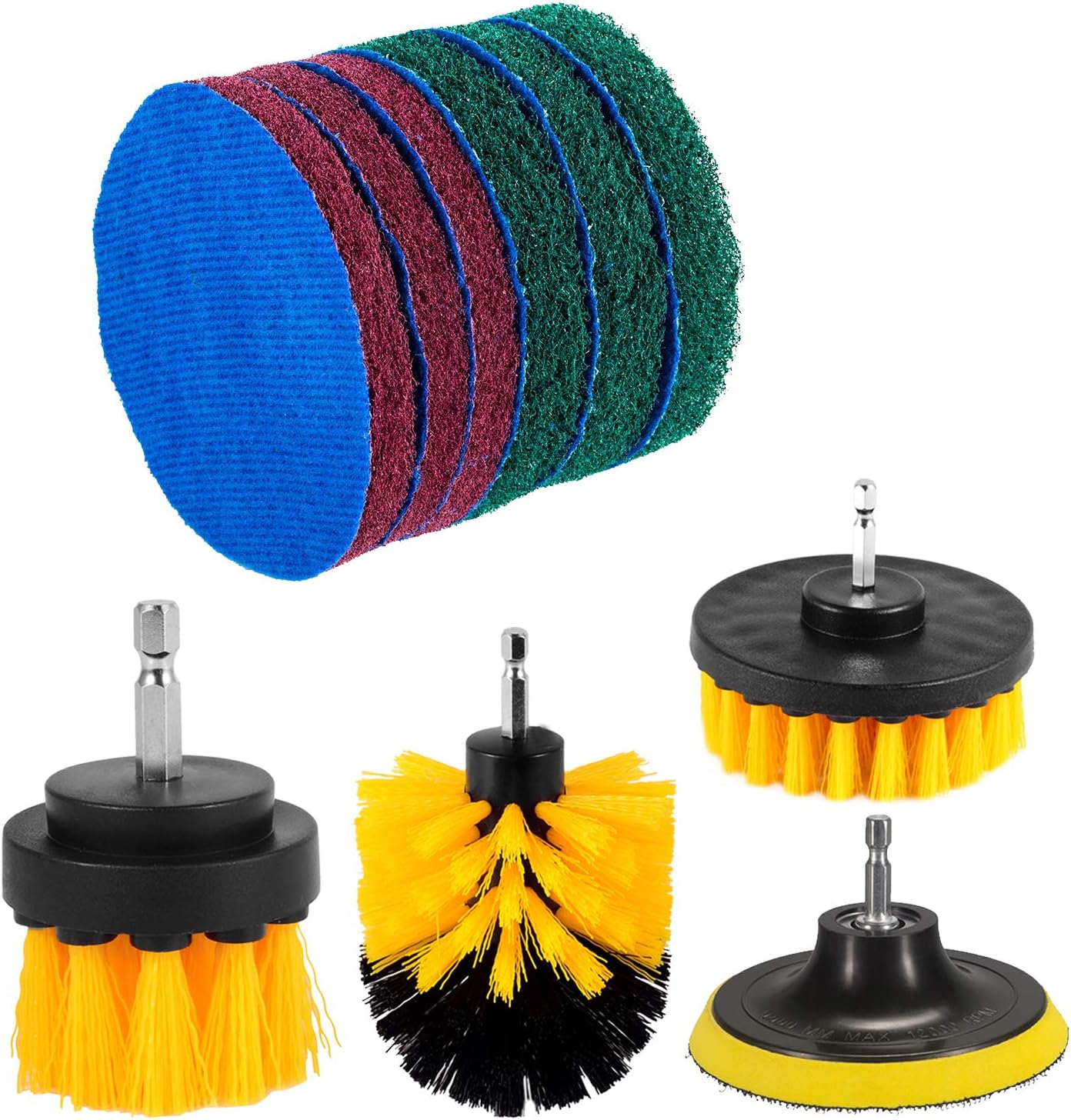 5 Inch Drill Powered Brush Tile Scrubber Scouring Pads | 2 Different Stiffness, 5" Pad Holder with 6 Scrubbing Pads, Cleans Large Flat Areas Perfectly (Drill NOT Included)