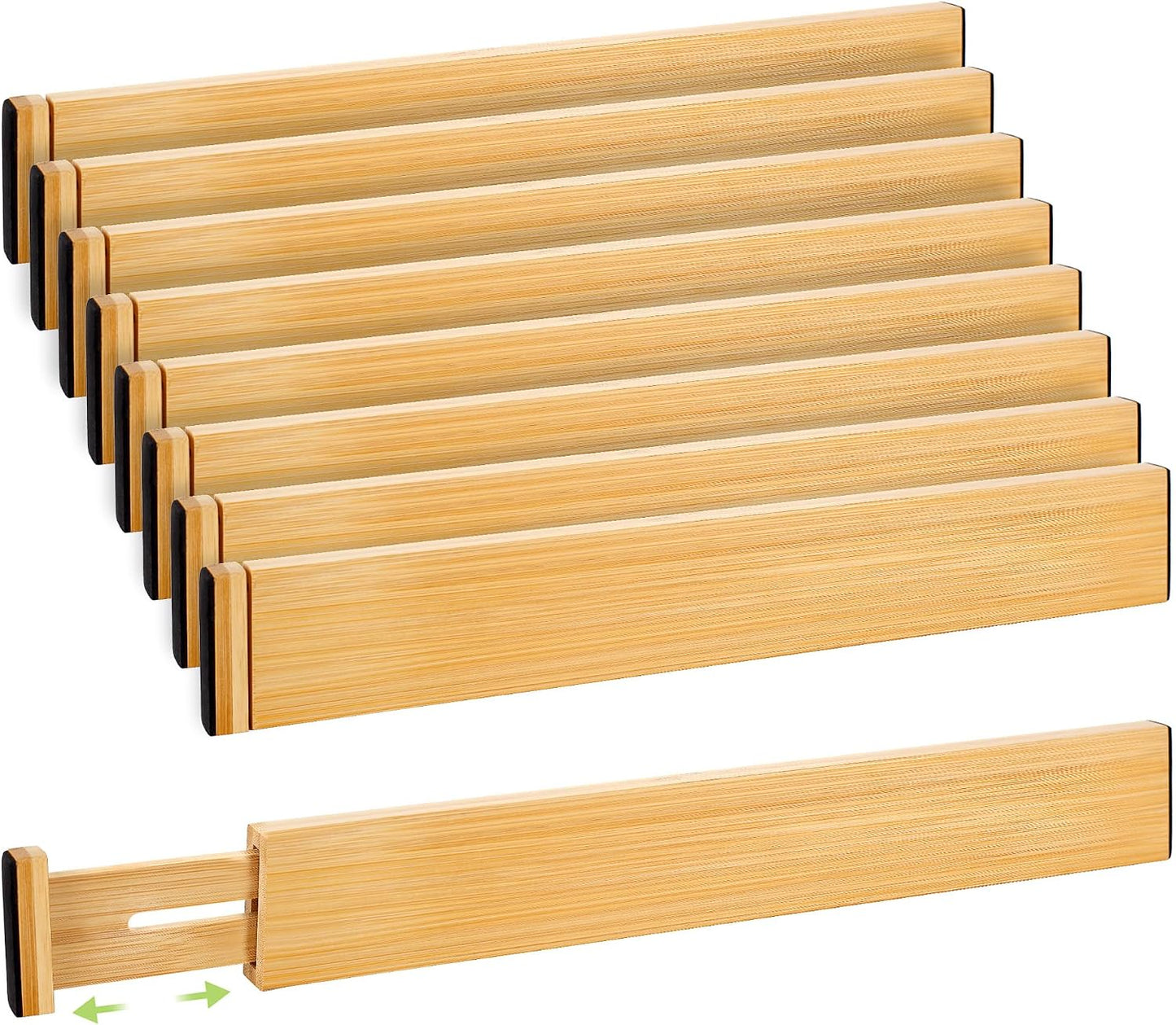 Fyvva Drawer Organizer, Spring-Loaded Expandable Bamboo Dividers 8-Pack | Large Kitchen Drawer Organizer, Adjustable 16.9 to 22.2 in, 2.3in High Non Slip for Kitchen Clothes Bathroom Office Natural