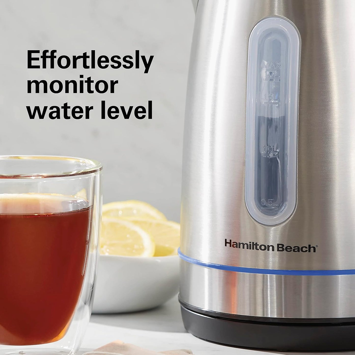Hamilton Beach 1.7 Liter Electric Tea Kettle, Water Boiler & Heater | Fast Boiling 1500 Watts | BPA Free | Cordless Serving | Auto-Shutoff & Boil-Dry Protection | LED Light Ring | Stainless Steel