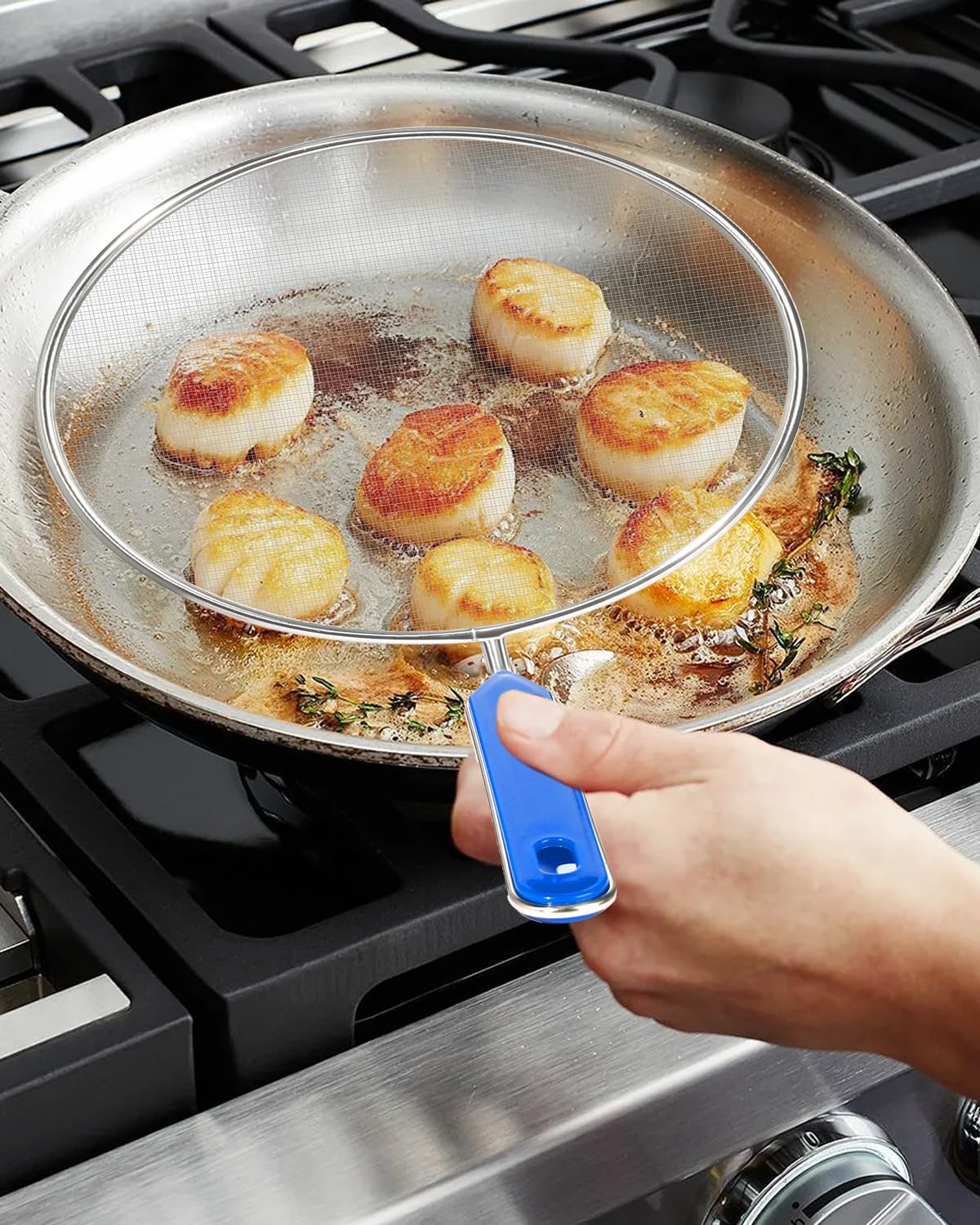 Splatter Screen for Frying Pan, 8 Inch Grease Splatter Guard with Handle Stainless Steel Kitchen Oil Splash Guard Mesh Strainers Pan Cover Cooking Protector for Frying Cooking