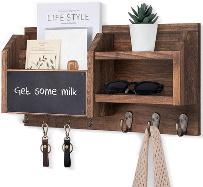Lwenki Mail and Key Holder – Wall Mount Key Hanger with Shelf and 7 Metal Hooks – Decorative Natural Paulownia Wood Entryway Organizer with Mounting Hardware (16.5”W x 8.7”H x 3.5”D) (Brown)