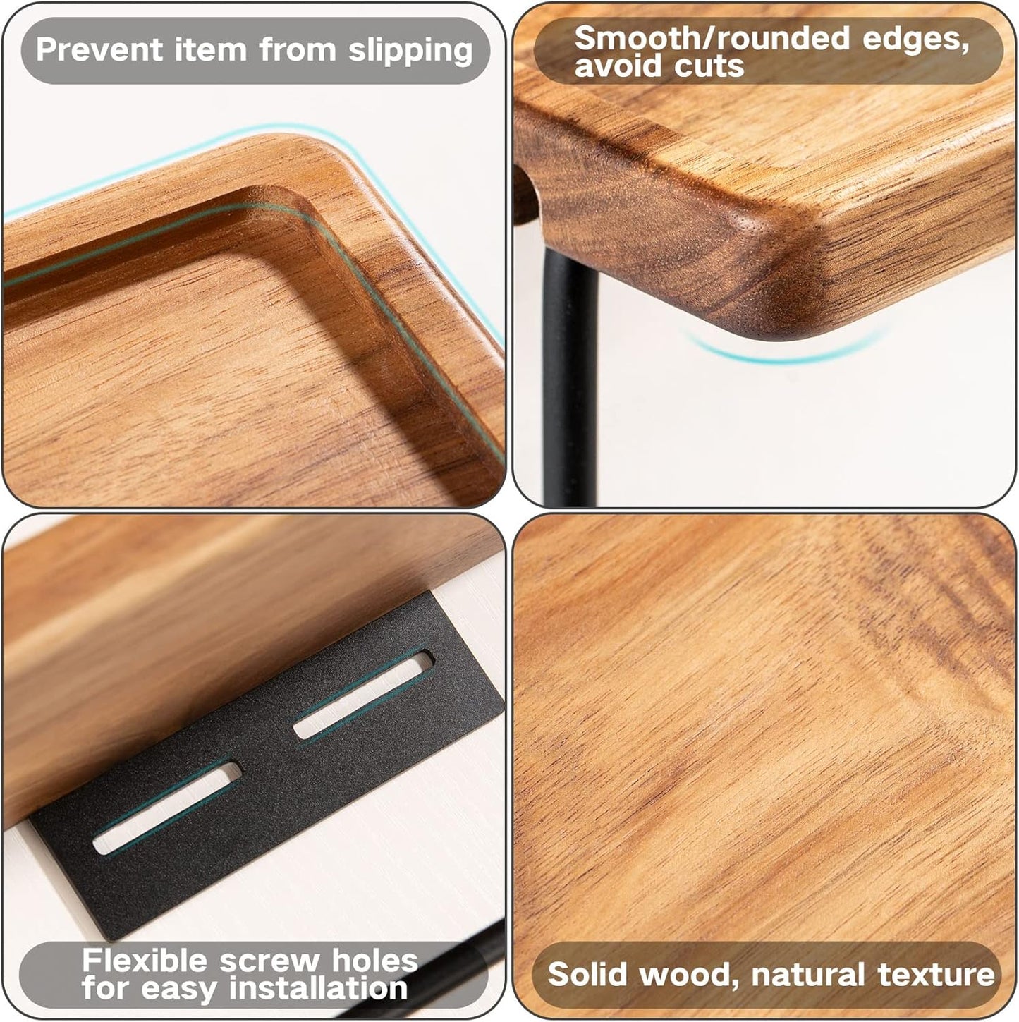 Toilet Paper Holder with Shelf: Wall Mount Bathroom Tissue Storage | Acacia Wood Shelf w/Adhesive/Screw - Matte Black Aluminum Alloy Bathroom Accessories Wood Shelf for Phone Wipes