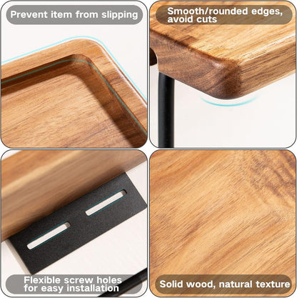 Toilet Paper Holder with Shelf: Wall Mount Bathroom Tissue Storage | Acacia Wood Shelf w/Adhesive/Screw - Matte Black Aluminum Alloy Bathroom Accessories Wood Shelf for Phone Wipes