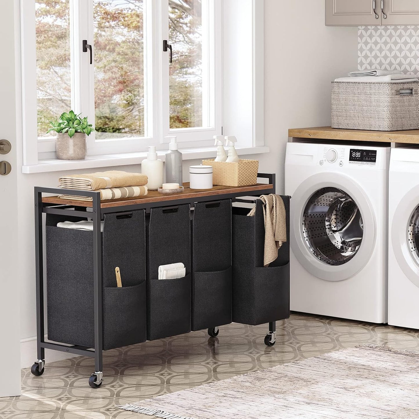 HOOBRO Laundry Sorter 4 Sections, Laundry Hamper with Wheels, 4 × 10.5 Gal (39.8L), Rolling Laundry Basket, Pull-Out and Removable Oxford Fabric Bags, Greige and Black BG04XY01
