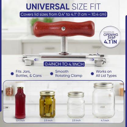 StarBlue Jar Opener for Seniors with Weak Hands – Adjustable Lid Remover Tool for Jars & Bottles – Heavy Duty Stainless Steel with Wood Handle + 2 Extra Anti-Slip Rubber Grips