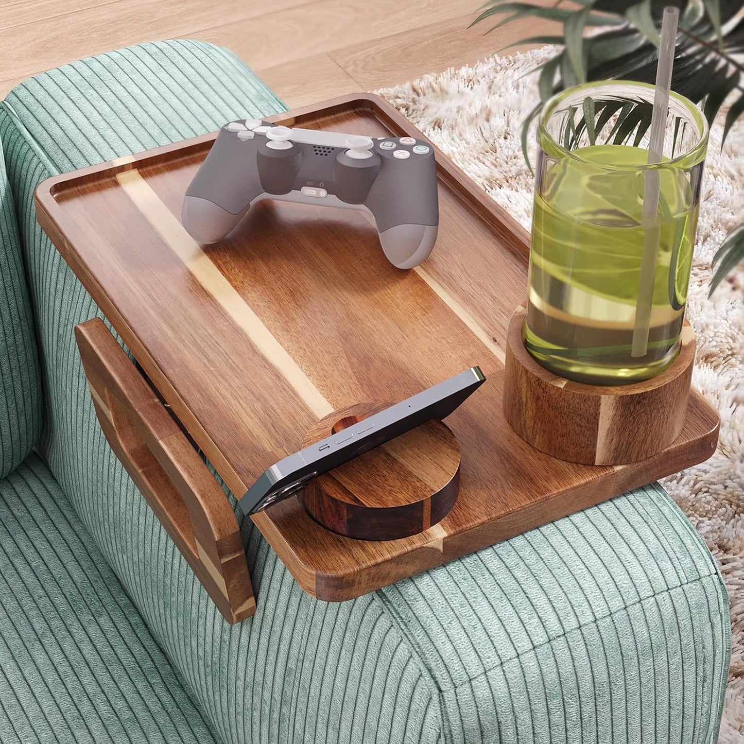 Acacia Wood 3 in 1 Couch Arm Tray with Cup and Phone Holder | Clip-On Couch Desk,Foldable, Non-slip,No Assembly，for Drinks Snacks Phone，Remote Control