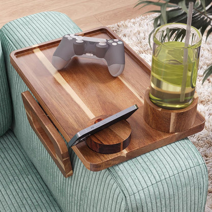 Acacia Wood 3 in 1 Couch Arm Tray with Cup and Phone Holder | Clip-On Couch Desk,Foldable, Non-slip,No Assembly，for Drinks Snacks Phone，Remote Control