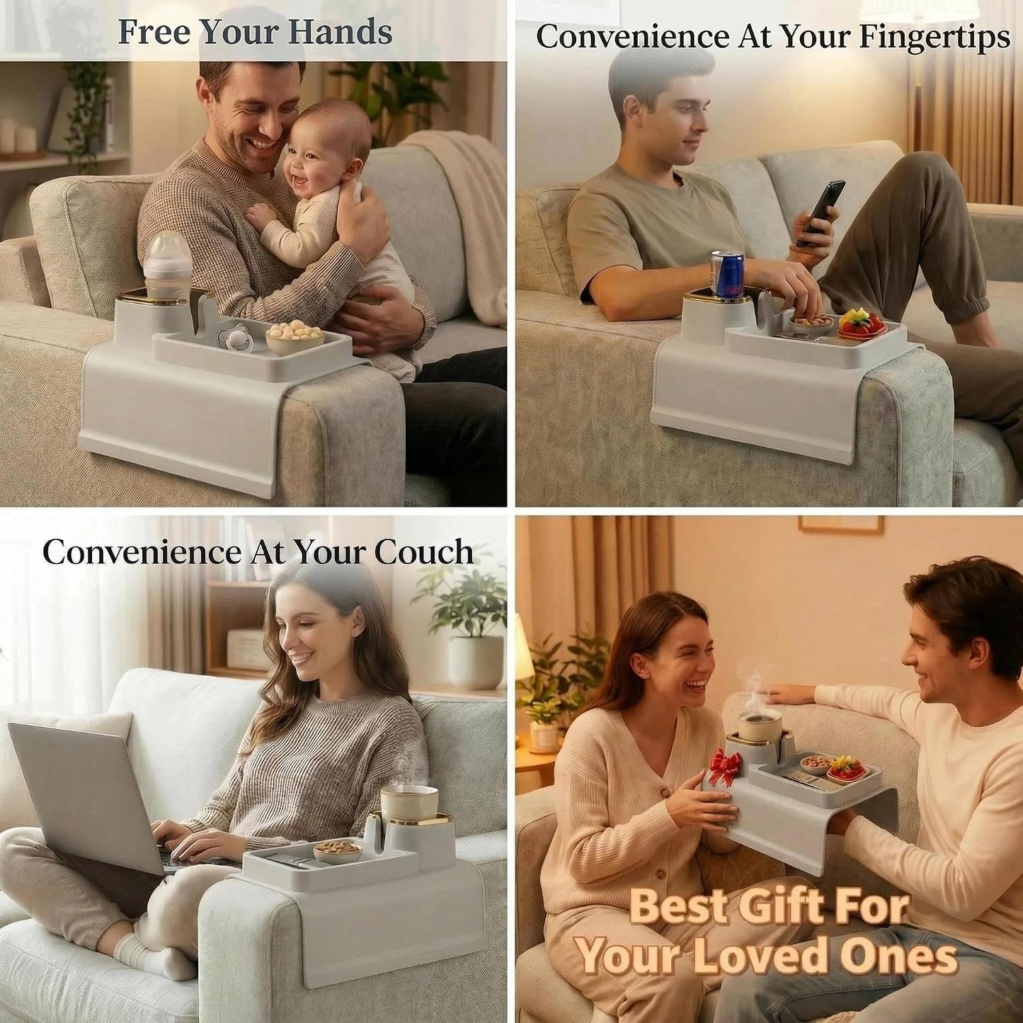 Luxury Gold Trim Couch Cup Holder Tray - Weighted Anti-Spill Navy Blue Silicone Sofa Armrest Organizer, Non-Slip Recliner Tray Table for Drinks, Remote, Phone - Fits Most Couch Arms