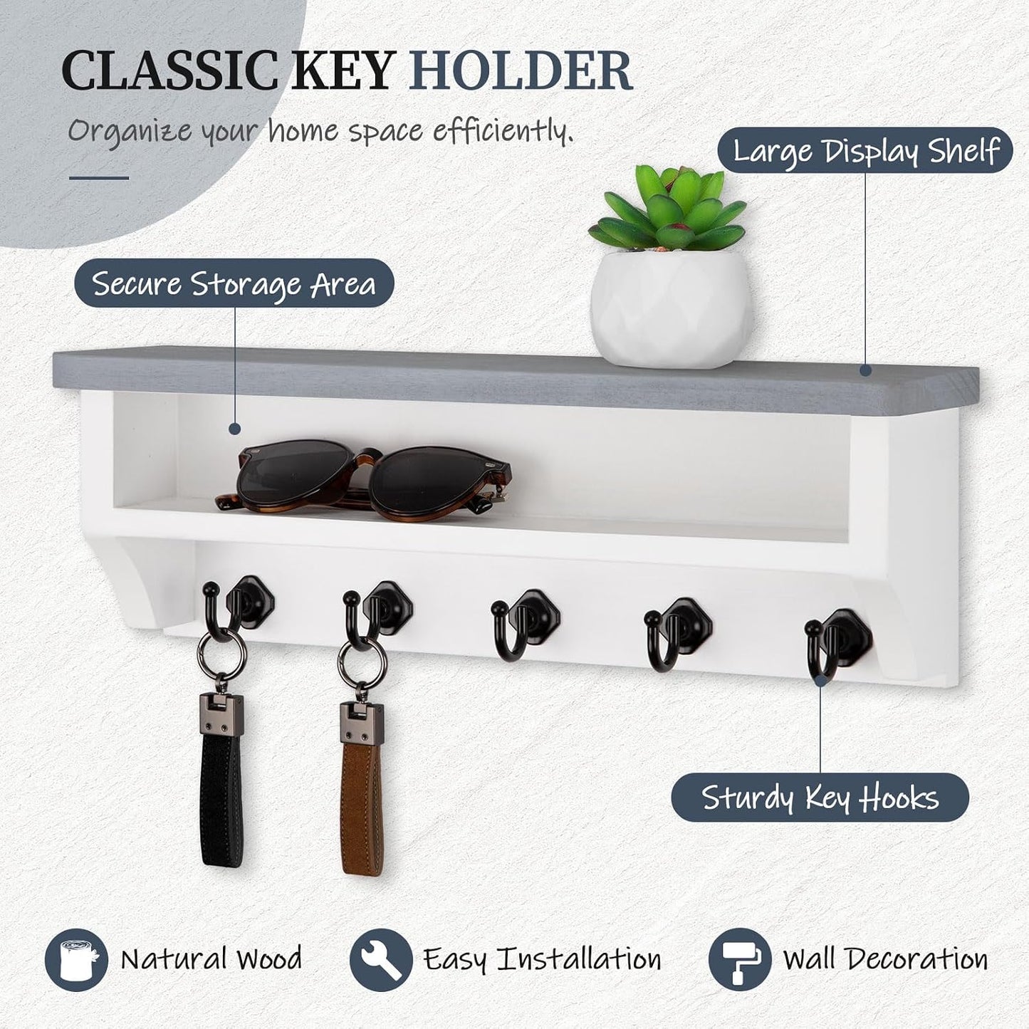 Nekon Key Holder Wall Mount, Wall Organizer Shelf with 5 Key Hooks | Wall Mounted Key Rack Room Decor for Home and Apartment Essentials