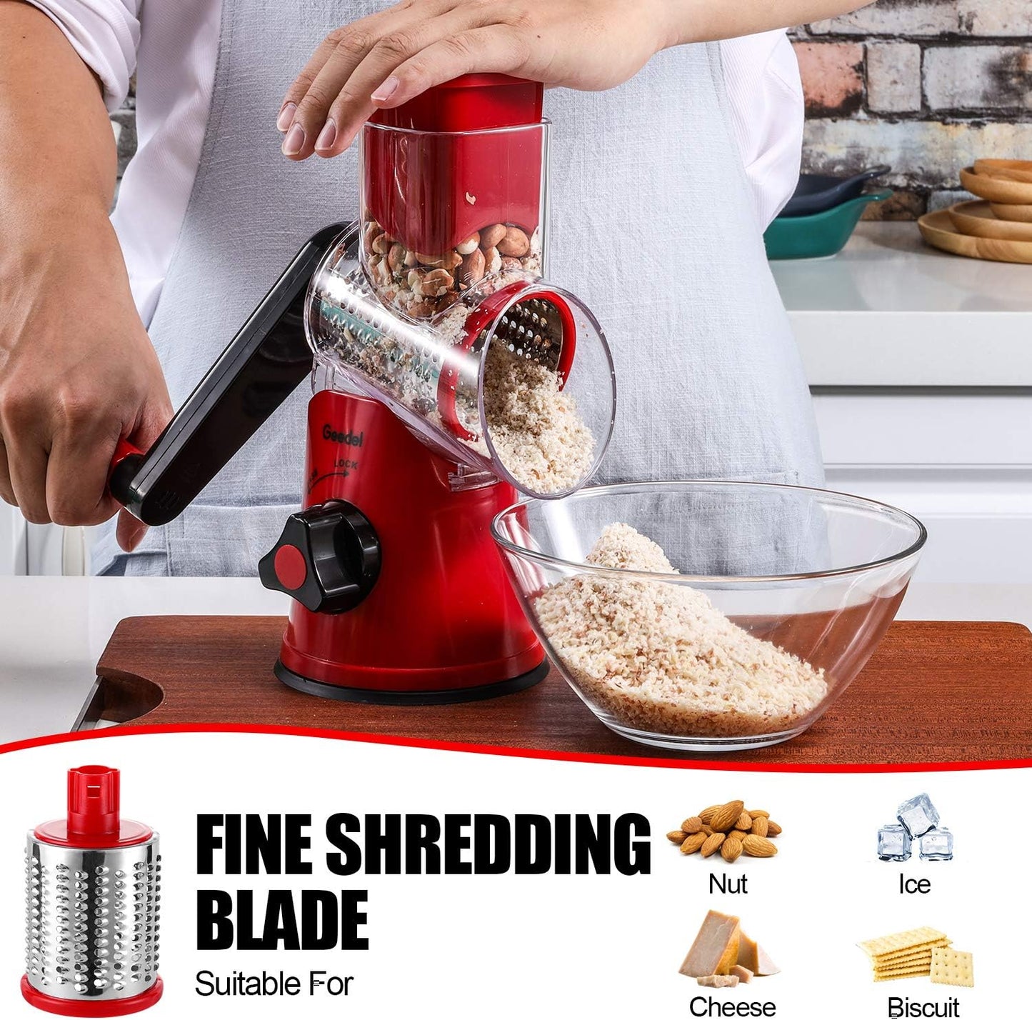 Geedel Rotary Cheese Grater, Kitchen Mandoline Vegetable Slicer with 3 Interchangeable Blades, Easy to Clean Rotary Grater Slicer for Fruit, Vegetables, Nuts | 3 Blades, 430 Stainless Steel, 12x Fast Cutting, Strong Suction Base, No BPA, Dishwasher Safe,