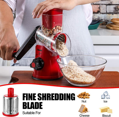 Geedel Rotary Cheese Grater, Kitchen Mandoline Vegetable Slicer with 3 Interchangeable Blades, Easy to Clean Rotary Grater Slicer for Fruit, Vegetables, Nuts | 3 Blades, 430 Stainless Steel, 12x Fast Cutting, Strong Suction Base, No BPA, Dishwasher Safe,