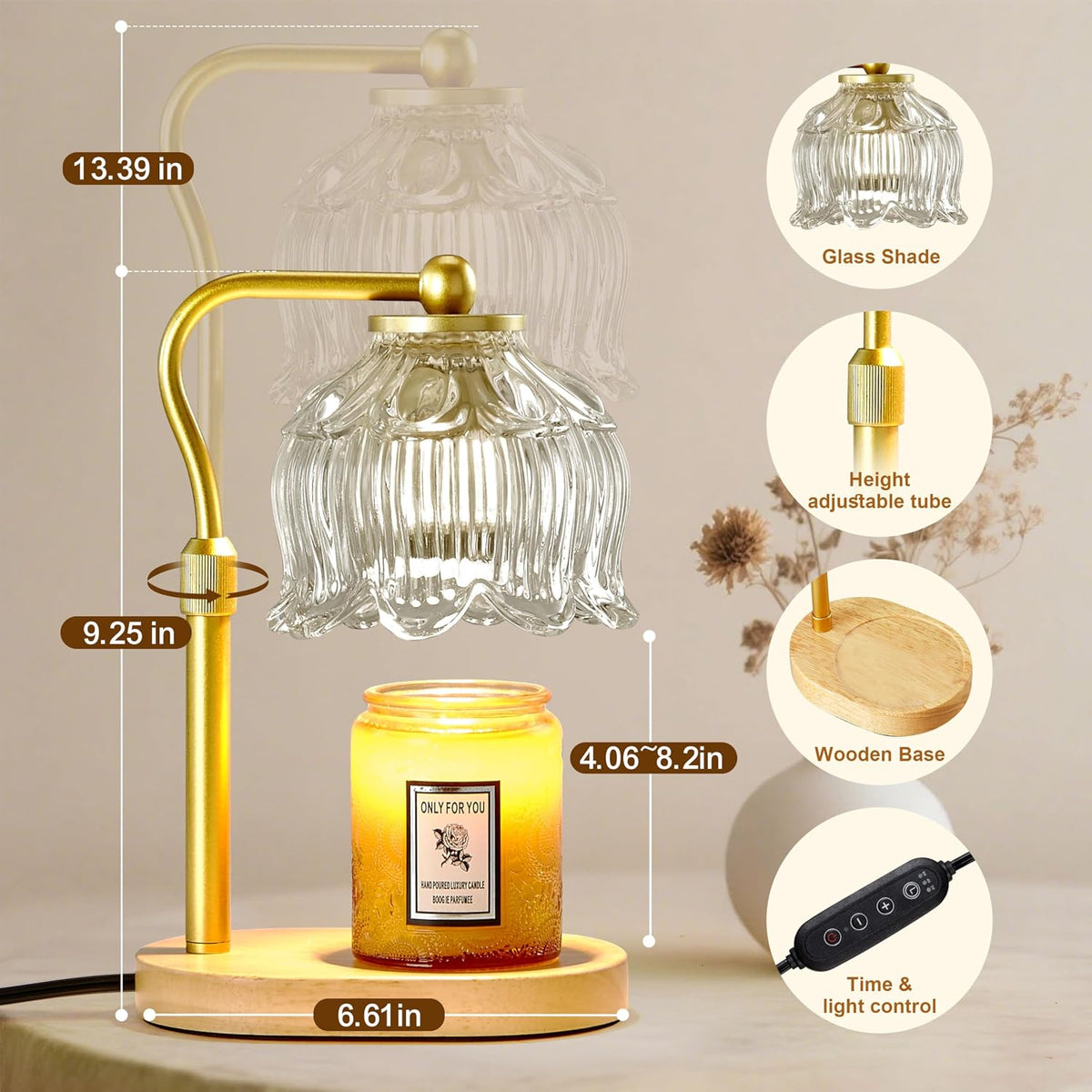 CASTLELIFE Electric Candle Warmer Lamp with Timer & Dimmer, Height Adjustable Wax Warmer for Jar Candles, Flower Wax Melter with Wood Base, Home Decor House Warming Gifts for Women Mom, Natural Wood
