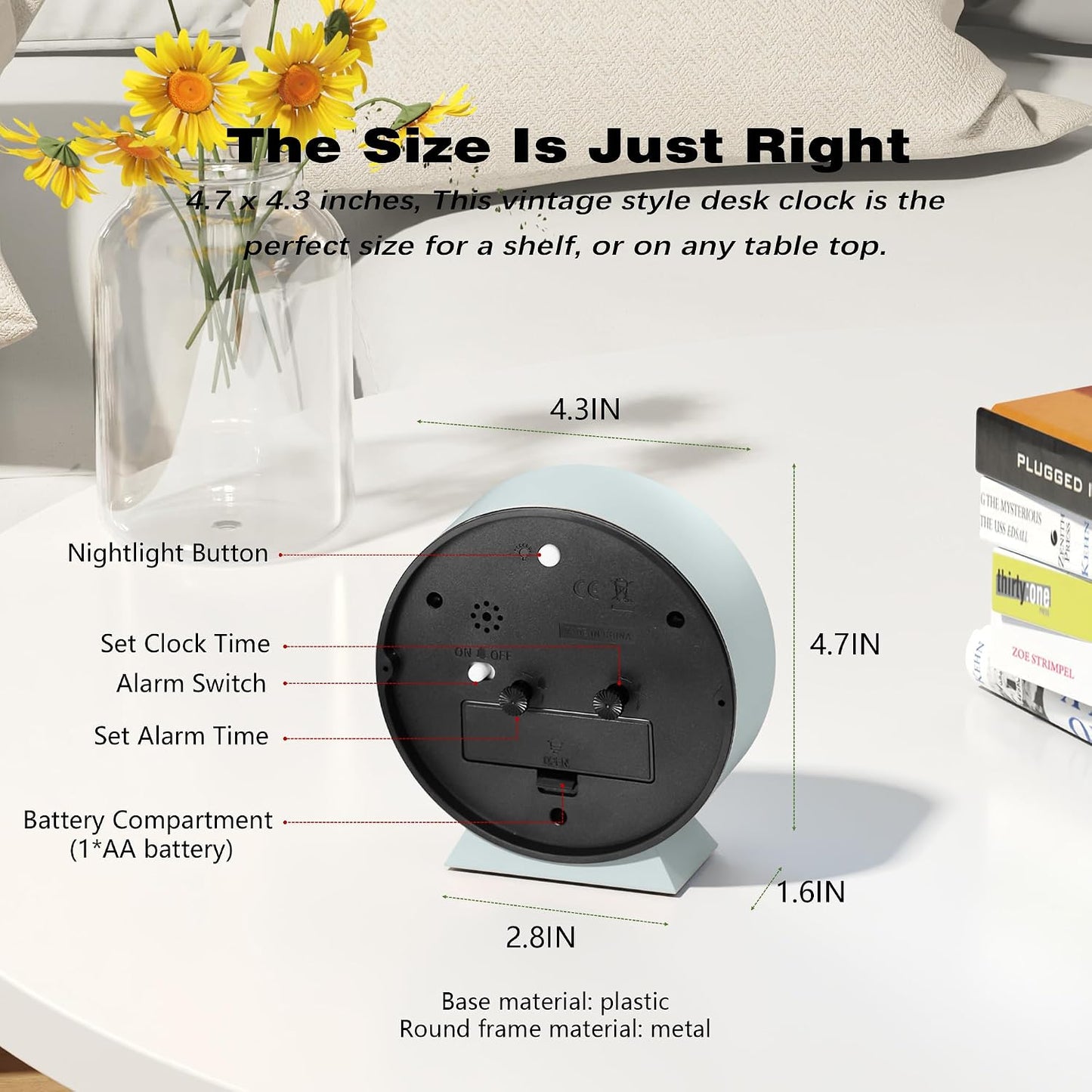 AYRELY® 4.5" Analog Alarm Clock, Small Retro Desk Clock and Table Clock | Battery Operated, Silent Metal Table Clock with Light for Living Room Decor, Bedroom, Bedside and Shelf (Orange)