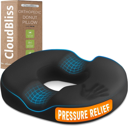 CloudBliss Donut Pillow Stadium Seat Cushion for Tailbone Pain Relief and Hemorrhoids, Memory Foam Seat Chair Cushion, Portable Seat Cushions for Bleachers, Car, Home & Office