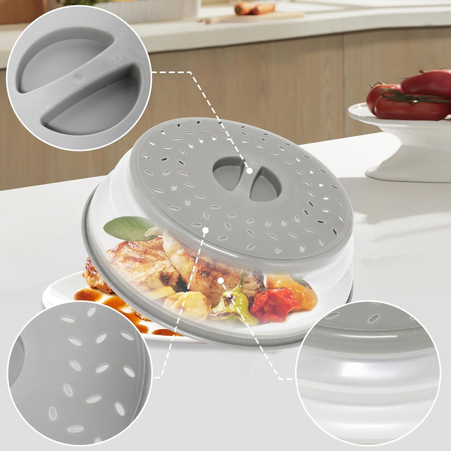 Collapsible Microwave Food Cover, Splatter Guard,Vented Microwave Lid for Food, BPA free TPR, Dishwasher safe，12inch,Grey