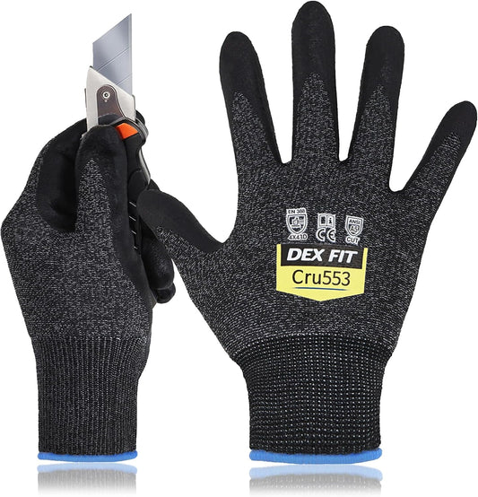 DEX FIT Level 5 Cut Resistant Gloves Cru553, 3D-Comfort Fit, Firm Grip, Thin & Lightweight, Touch-Screen Compatible, Durable, Breathable & Cool, Machine Washable; Grey L (9) 1 Pair