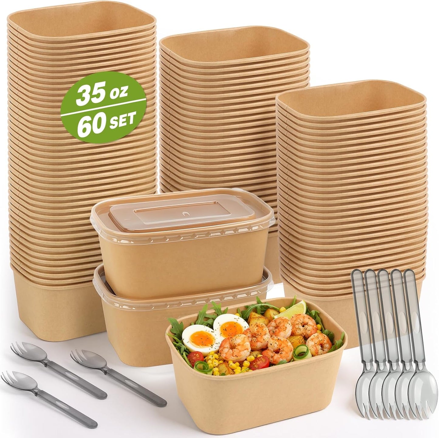 60 Packs 35oz Disposable Meal Prep Containers with Lids & Utensils | Leak-Proof Microwave/Freezer Safe Food Prep Container with Labels , Sturdy Kraft Paper Bowls for Meal Prep, Lunch & Leftovers