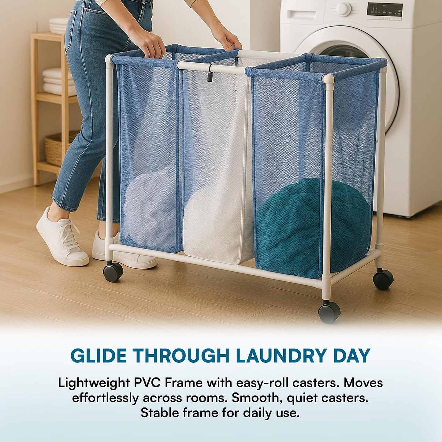 Honey-Can-Do HMP-01629 3 bag mesh laundry sorter, 30.5" x 15.3" x 30" , Blue/White