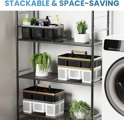BYUNER Portable Cleaning & Shower Caddy with Handle: Rigid Plastic Basket with 4 Divided Compartments, All-Side Drainage for College Dorm, Bathroom & Utility Use, Black/Gold
