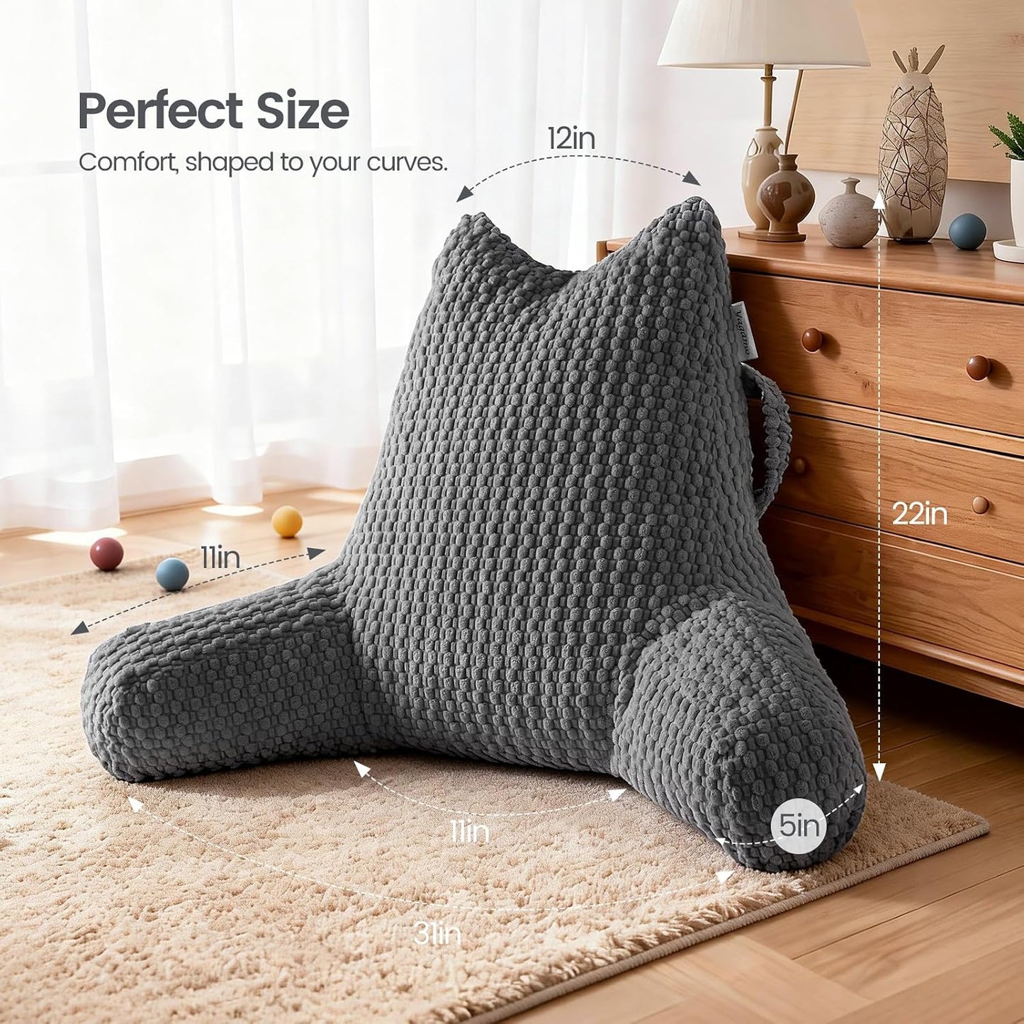 Standard Reading Pillow for Bed Sitting Up, Backrest Pillow with Shredded Memory Foam Filling, Back Support Cushion, Bed Rest Pillow with Arms, Pockets and Washable Cover-Grey