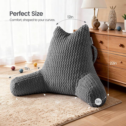 Standard Reading Pillow for Bed Sitting Up, Backrest Pillow with Shredded Memory Foam Filling, Back Support Cushion, Bed Rest Pillow with Arms, Pockets and Washable Cover-Grey