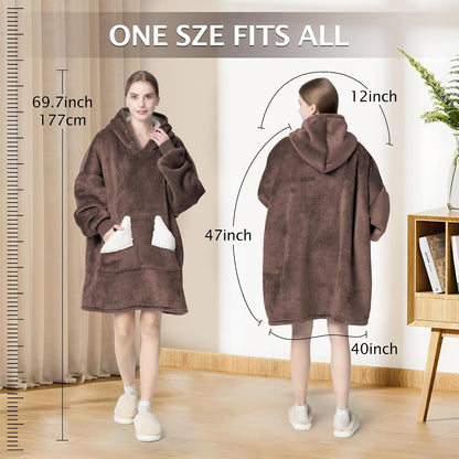 Wearable Blanket Hoodie, Oversized Sherpa Fleece Sweatshirt Blanket with Giant Hood Pocket and Sleeves for Adult, Warm & Cozy Grey Blanket Gifts for Women