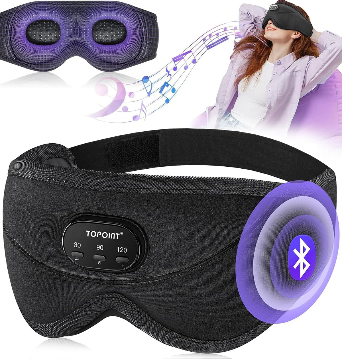 TOPOINT Sleep Mask with Bluetooth Headphones, 3D Eye Mask for Sleep Headphones with White Noise, Total Blackout, 5.4 Bluetooth, Timer, 15 Hours for Women Men, Travel, Meditation, Nap, CPAP Users