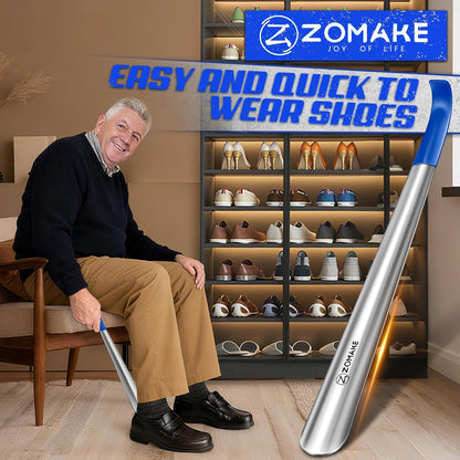 ZOMAKE Shoe Horn Long Handle for Seniors Men Women, Metal Shoehorn 16.5" | Stainless Steel Boot Horn Shoe Spoon Helper, Comfort Grip Handle, Smooth Edges, No Bending Required, Shoe Care for Daily Use