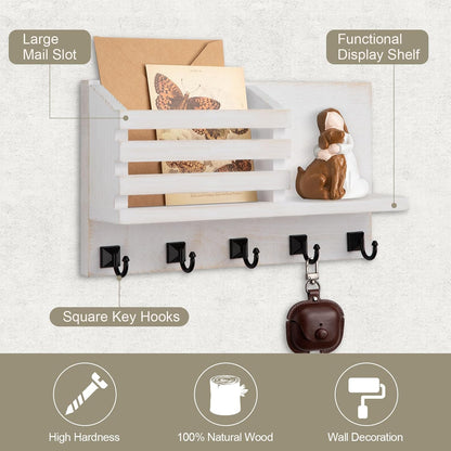 Key Holder Wall Mount, Mail Organizer for Wall with 5 Square Key Hooks | Key Holder for Wall, Key Holder with Shelf Farmhouse Home Decor for Home Entryway
