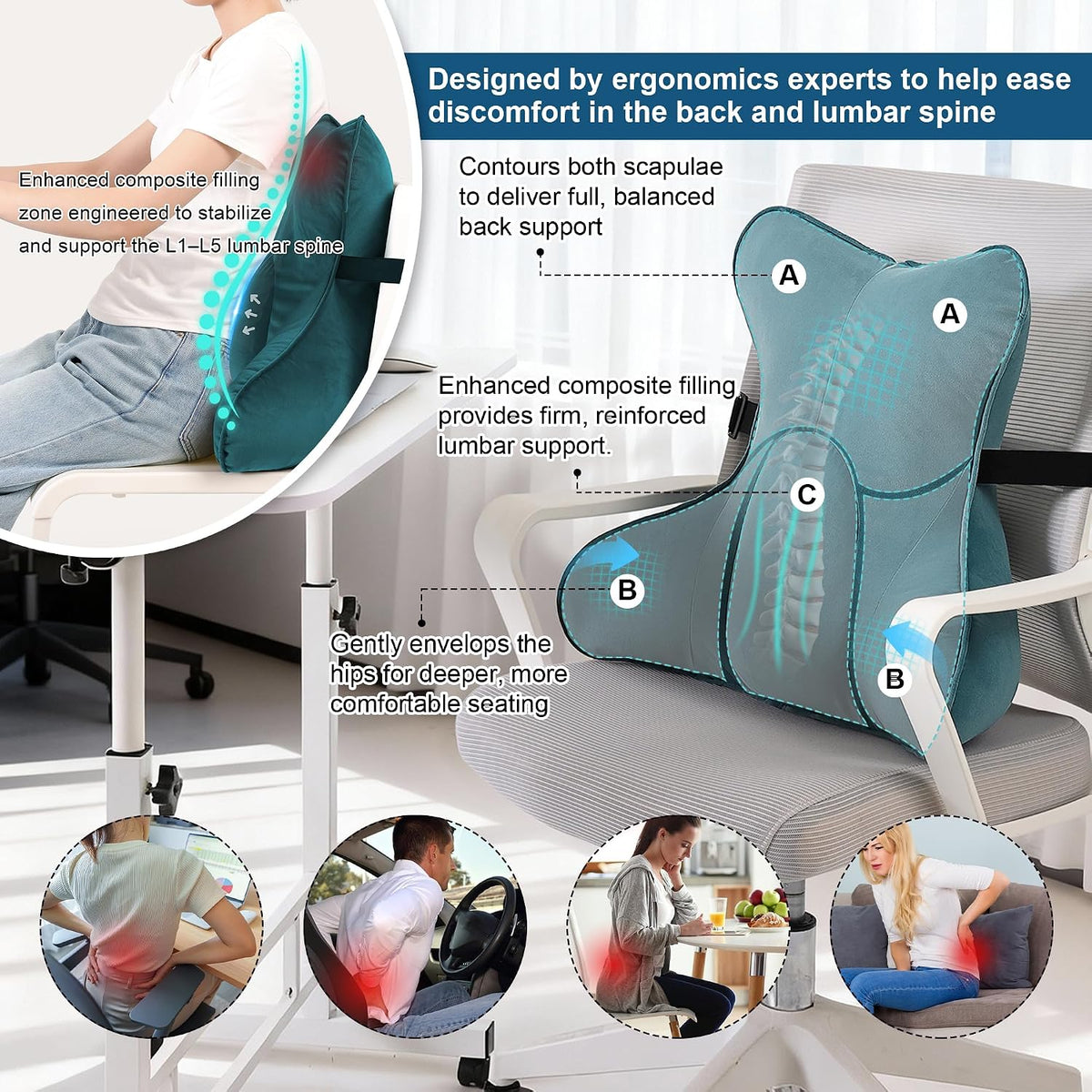 Lumbar Support Pillow(Pat. Pend) – Multi-Functional Ergonomic Back Cushion for Sofa Chair, Car Seat & Sofa, Reading Pillow with Firm Multi-Zone Support to Relieve Lower Back Pain, Misty White