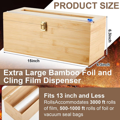 Colingmill 1 Pack 12" x 3000ft Large Plastic Wrap Dispenser with Cutter Roller Commercial Bamboo Holder for 3000ft Film 1000ft Aluminum Foil Non Slip Pad Fit Big Saran Wrap Restaurant Kitchen