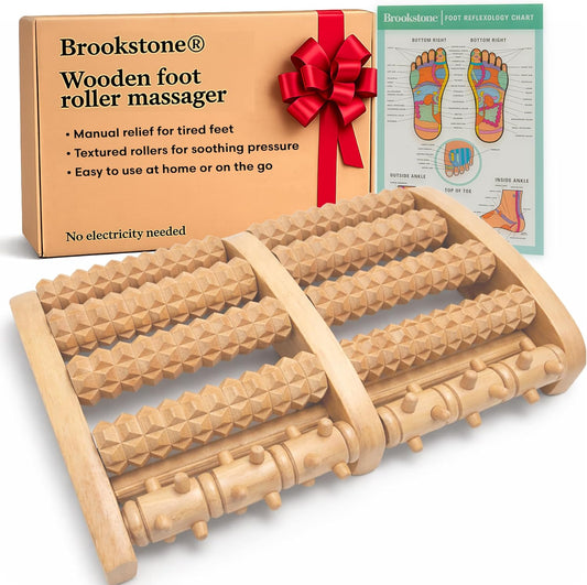 Brookstone Foot Massager Roller Plantar Fasciitis Pain Relief - Wooden Under Desk Feet Massage - Dual Manual Heel Massagers - Wood Rolling Acupressure Tool with Reflexology Guide - Gift for Men, Women