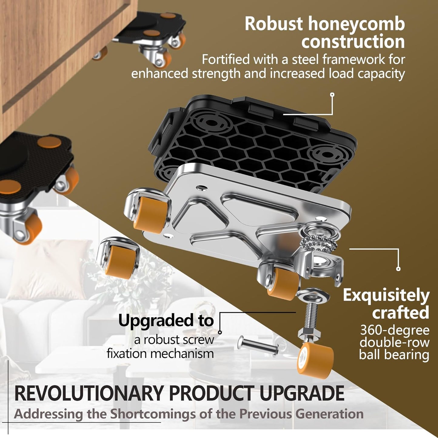 ONEON Furniture Mover with Wheels, 360° Rotation Wheels Furniture Dolly for Moving Heavy Furniture, Appliances, 660 LB Max Load Capacity with Auxiliary Lifter - Connect Dolly