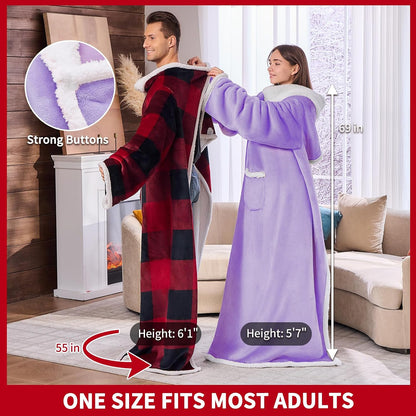 IFNOW Sherpa Wearable Blanket with Sleeves, Oversized Snuggle Robe, Purple | 430GSM Thick, 55x69", Big Pocket, TV Blanket,Fall Winter Dorm Essentials or Office, Christmas Birthday Gifts for Women Men