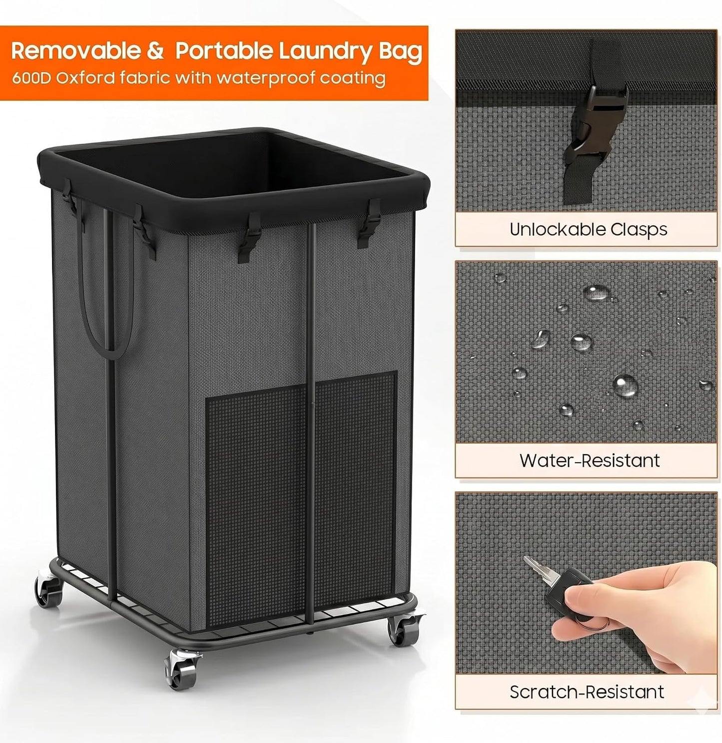 Laundry Hamper with Wheels, 150L Rolling Laundry Basket with Bag & Handles | Sturdy Metal Frame | Removable Bag | Large & Tall Dirty Clothes Hampers for Laundry Room, Bedroom, Dorm, Bathroom-Black