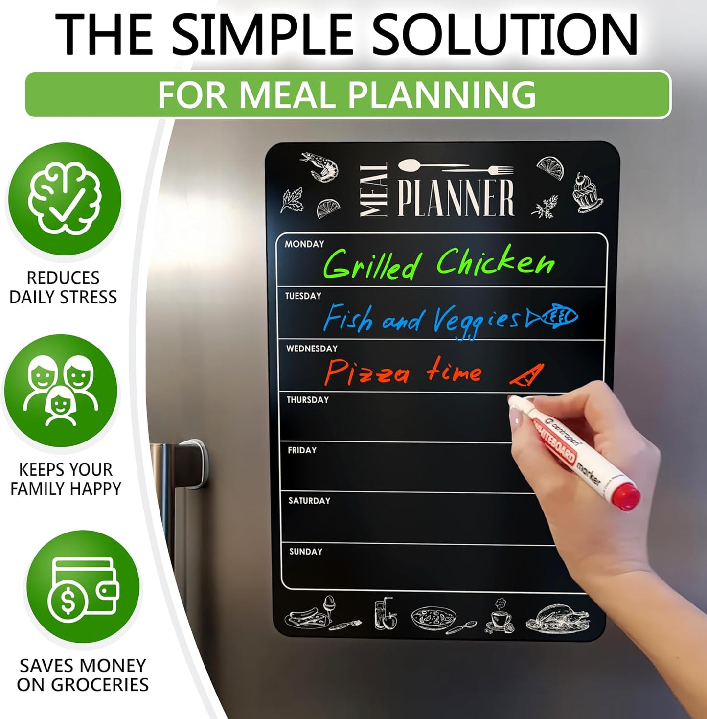 Dry Erase Magnetic Meal Planner for Refrigerator A4 (8.5x12 inch) - Magnet Weekly Menu Board for Fridge - Magnetic Menu White Board - Fridge Meal Planner Magnet - Dinner Meal Planner Dry Erase Board