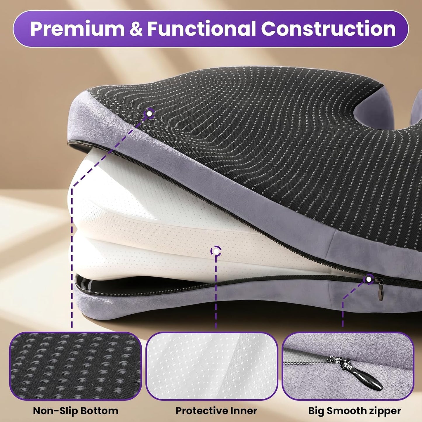 ZZ-WELL Seat Cushions for Office Chairs, Coccyx Cushion for Tailbone Pain, Memory Foam Butt Pillows for Computer Gaming Chair, Patented Pressure Relief Design Chair Cushion (Light Grey, XX-Large)