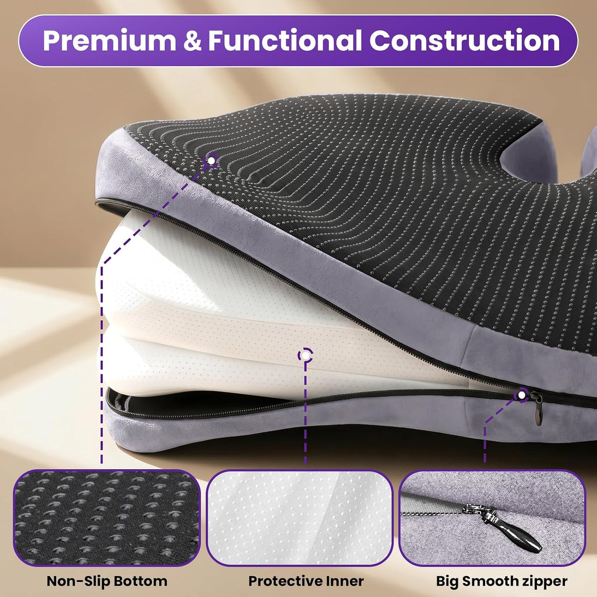 ZZ-WELL Seat Cushions for Office Chairs, Coccyx Cushion for Tailbone Pain, Memory Foam Butt Pillows for Computer Gaming Chair, Patented Pressure Relief Design Chair Cushion (Light Grey, XX-Large)