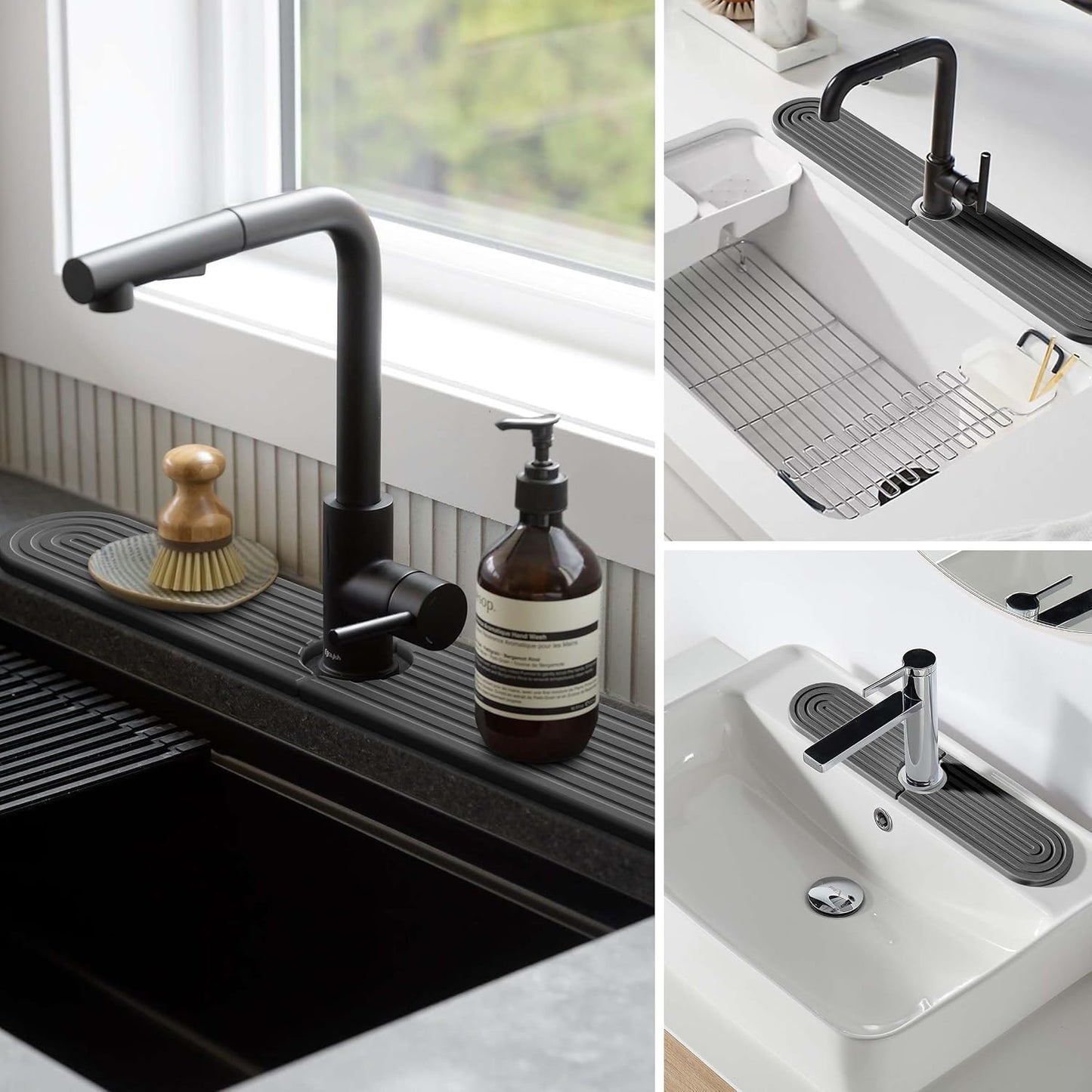 Stone Faucet Mat for Kitchen Sink – Diatomite Fast-Drying Stone Tray, Faucet Mat Sink Splash Guard, Decorative Sink Protector for Kitchen Bathroom Counter (Light Grey, 20''x3.9'')