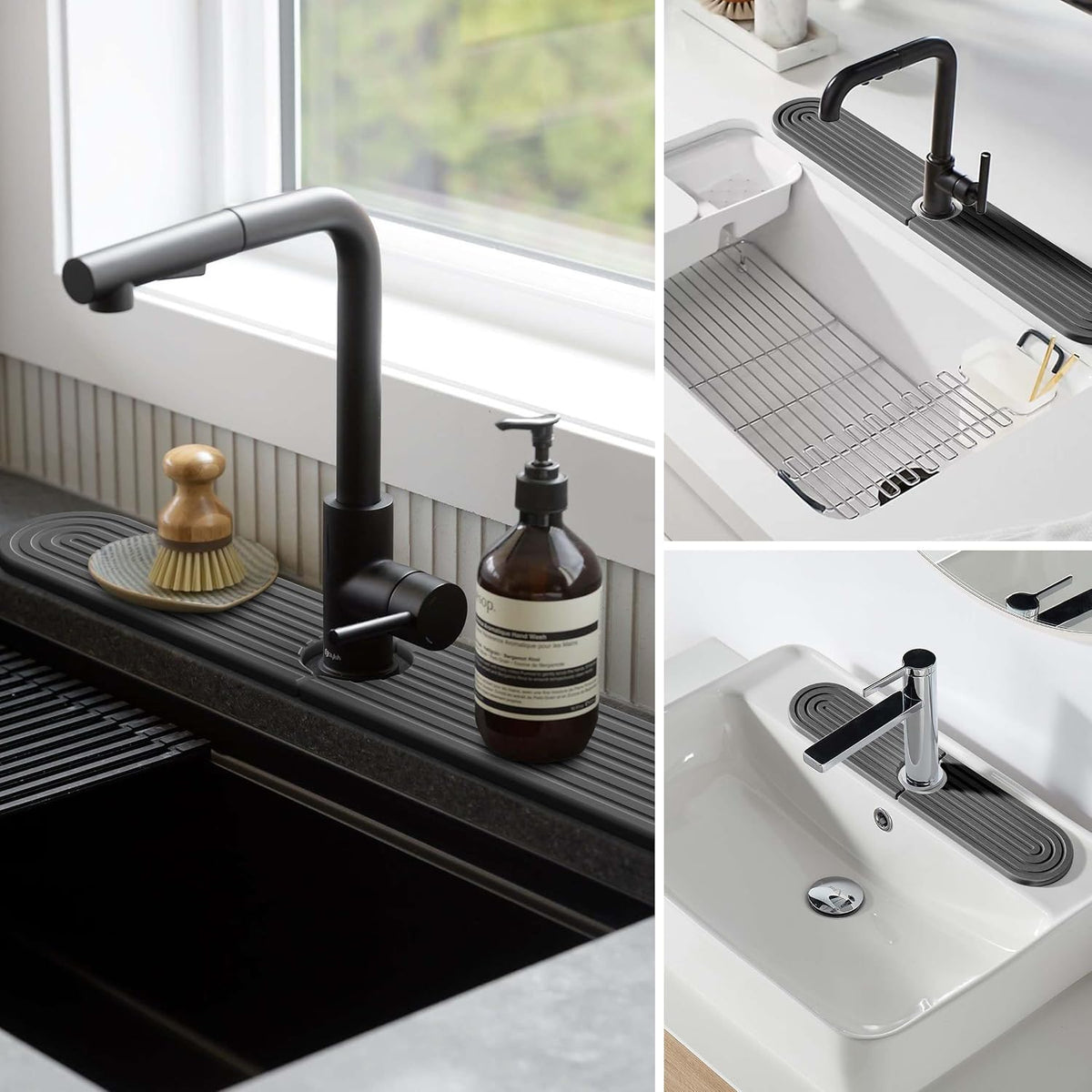 Stone Faucet Mat for Kitchen Sink – Diatomite Fast-Drying Stone Tray, Faucet Mat Sink Splash Guard, Decorative Sink Protector for Kitchen Bathroom Counter (Light Grey, 20''x3.9'')