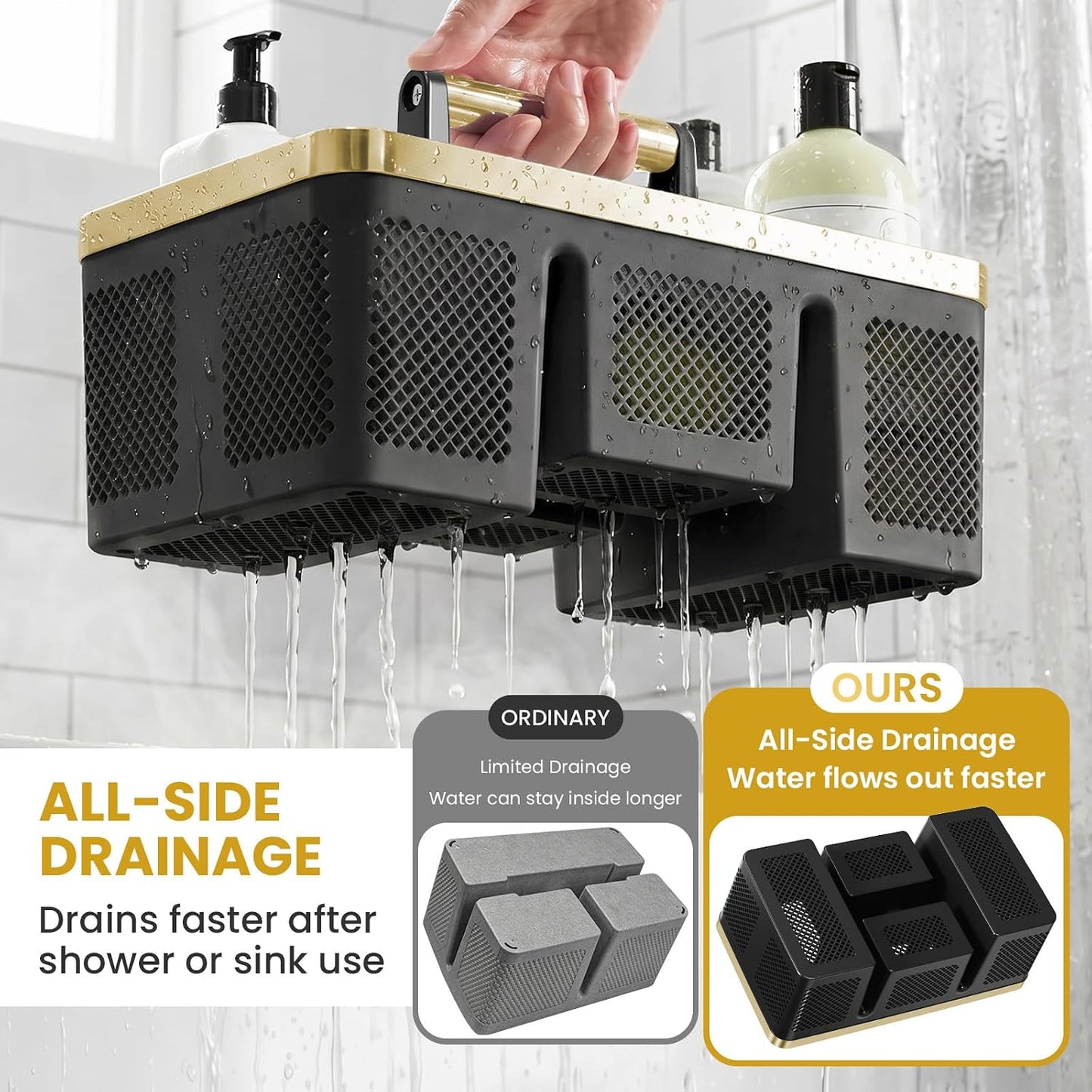 BYUNER Portable Cleaning & Shower Caddy with Handle: Rigid Plastic Basket with 4 Divided Compartments, All-Side Drainage for College Dorm, Bathroom & Utility Use, Black/Gold