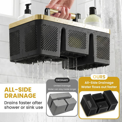 BYUNER Portable Cleaning & Shower Caddy with Handle: Rigid Plastic Basket with 4 Divided Compartments, All-Side Drainage for College Dorm, Bathroom & Utility Use, Black/Gold