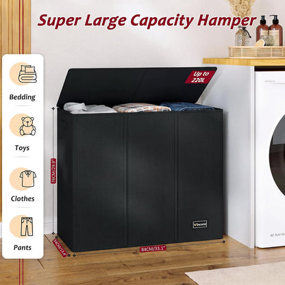 195L Laundry Hamper 3 Section,Large Laundry Hamper with Lid,Dirty Clothes Hamper with 3 Inner Bags,Collapsible Laundry Basket Organizer for Laundry Room,Bedroom,Laundry Sorter Hamper 3 Compartment