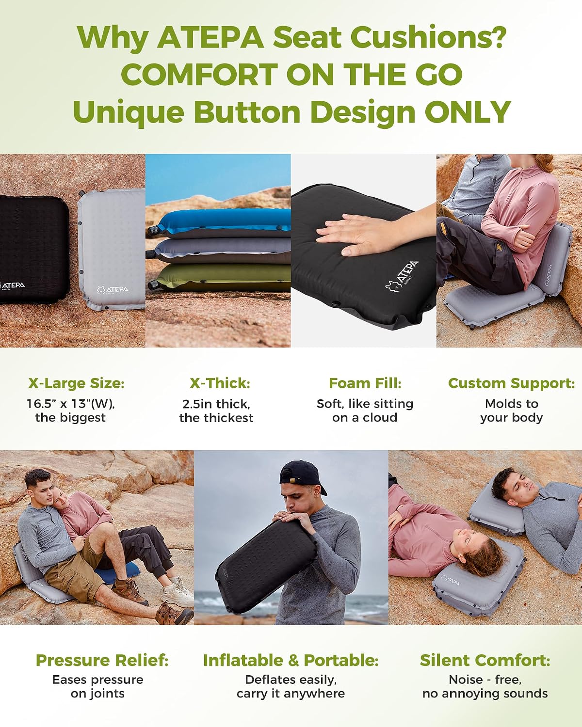 ATEPA Inflatable Seat Cushion | 2" & 2.5" foam core seat pad, Self inflating, Compact, Stadium, Airplane, Travel, Camping, Hiking, Sports events
