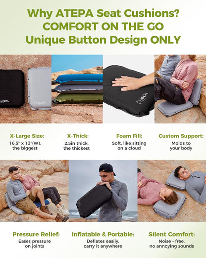 ATEPA Inflatable Seat Cushion | 2" & 2.5" foam core seat pad, Self inflating, Compact, Stadium, Airplane, Travel, Camping, Hiking, Sports events