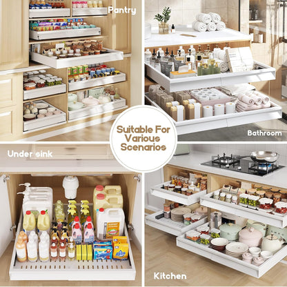 Seinloes Pull Out Cabinet Organizer, 4-Side Expandable to Fit Most Cabinets, 3 Rail Slide Out Drawers with Raising Pad for Framed & Frameless Cabinets, 13"-21" W x 17"-24" D, White, 2 Pack