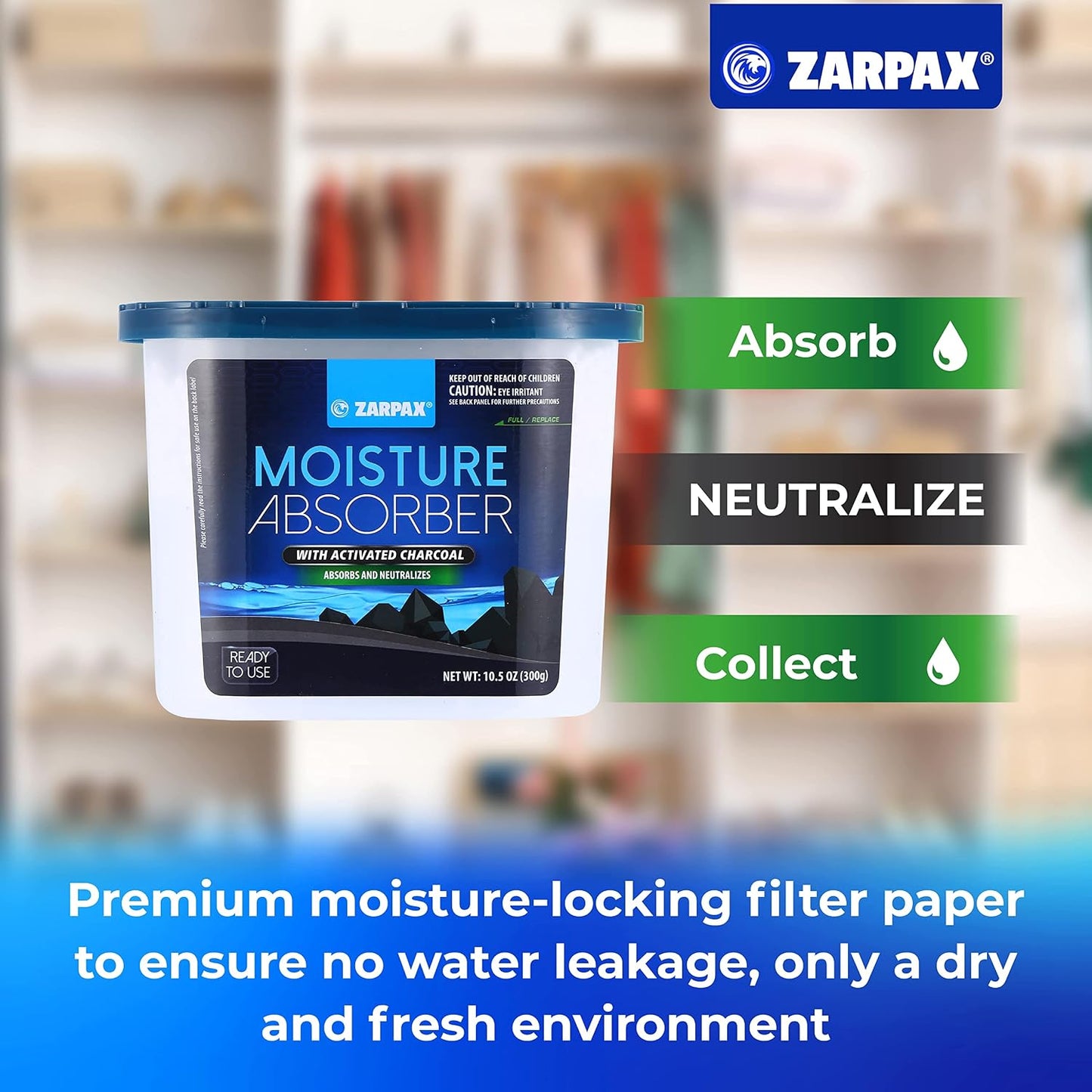 ZARPAX Moisture Absorber Activated Charcoal 10.5 oz/300g | Removes Moisture, Damp, Humidity & Odors | Odor Absorber | Moisture Trap for Bathroom, Closet, Kitchen & Small Spaces | Set of 4