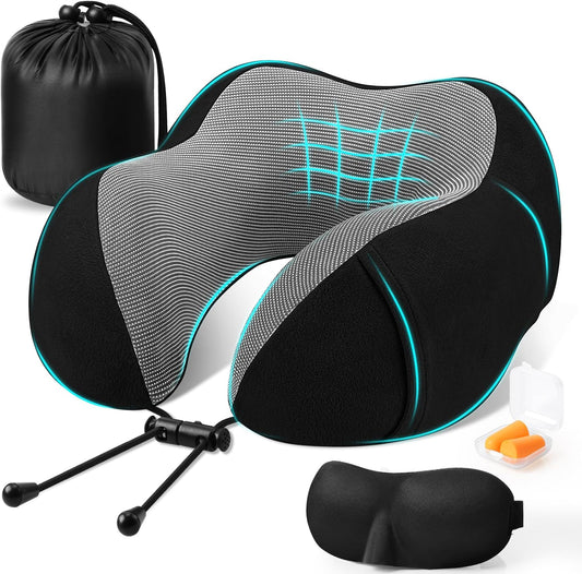 CloudBliss Neck Pillow for Airplanes, Memory Foam Travel Pillow, Black | Compact Flight Pillow with Eye Mask, Earplugs, Carry Bag, Travel Neck Pillow for Long Flight Sleep, Plane Travel Essentials