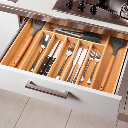 Expandable Bamboo Kitchen Drawer Organizer for Cutlery and Utensils, Adjustable Bamboo Wood Cutlery Tray in Drawer for Flatware and Silverware in Kitchen, (Natural)