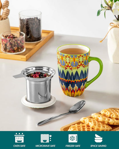 vancasso 18 Oz Tea Infuser Mug with Lid, Mint Petal Whirl | Eye catching Bohemian pattern, adds charm to any tea corner, ceramic mug with infuser, microwave and dishwasher safe